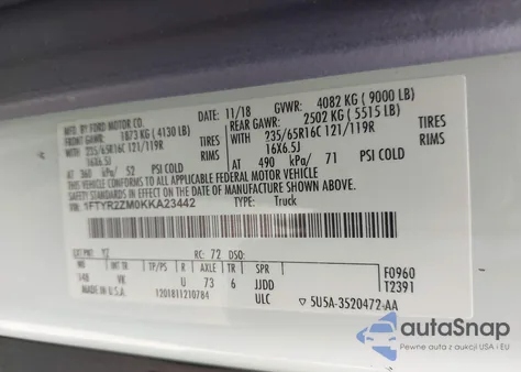 2019 Ford Transit-250 from USA, damaged, VIN 1FTYR2ZM0KKA23442